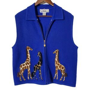 Lisa International Vest Size XL Giraffe Appliqué Safari Full Zip Wool Womens